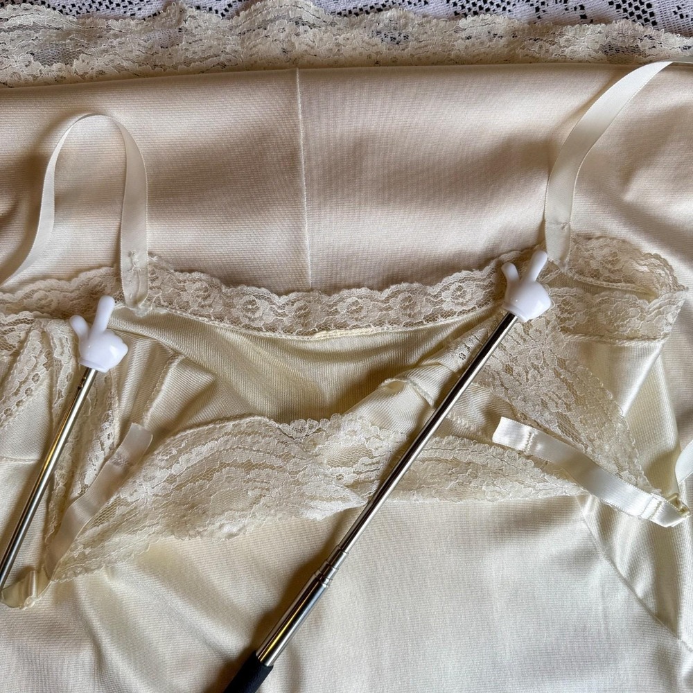 Ivory Satin Slip Nightgown Lace Trim V-Neck Adjustable Straps Lace Hem Coquette - Picture 12 of 14